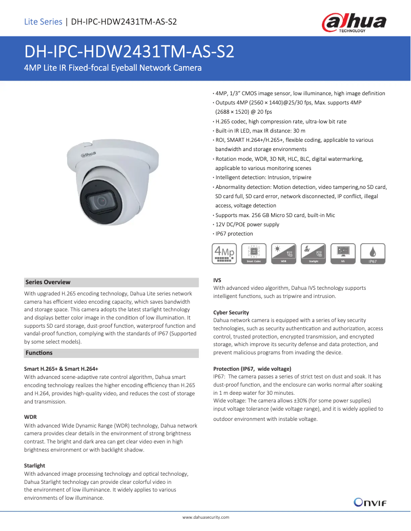 Page 1 de la notice Fiche technique Dahua Technology IPC-HDW2431TM-AS-S2