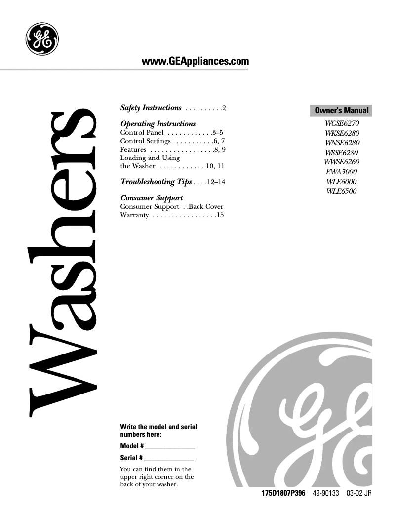Page n°1 - Manuel utilisateur GE WKSE6280BWW