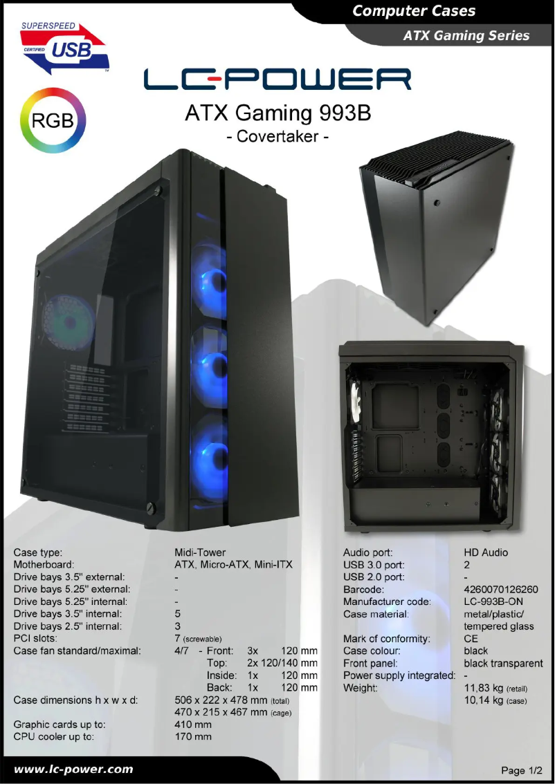 Page 1 de la notice Fiche technique LC-Power ATX Gaming 993B