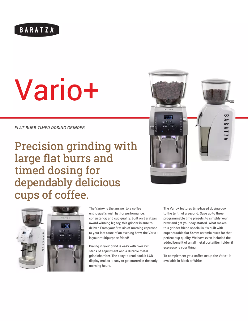 Page 1 de la notice Fiche technique Baratza Vario+