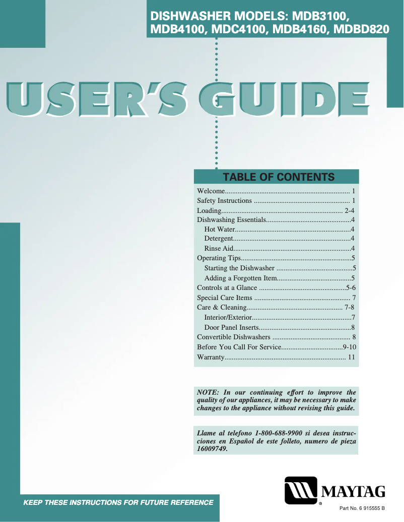 Page 1 de la notice Manuel utilisateur Maytag MDB4100