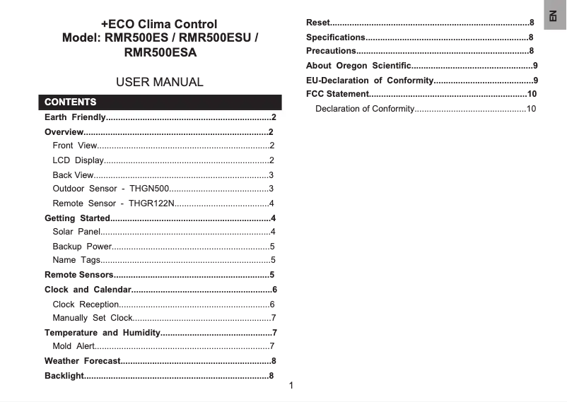 Page 1 de la notice Manuel utilisateur Oregon Scientific ECO Clima Control RMR500ESU