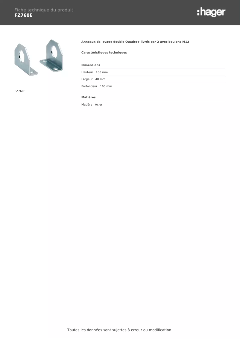 Page n°1 - Fiche technique Hager FZ760E