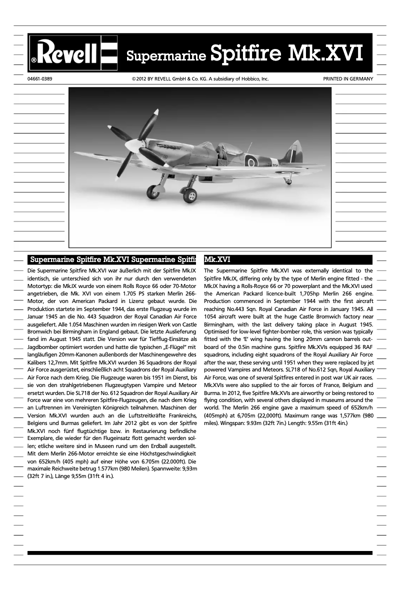 Page 1 de la notice Manuel utilisateur Revell Spitfire Mk.XVI