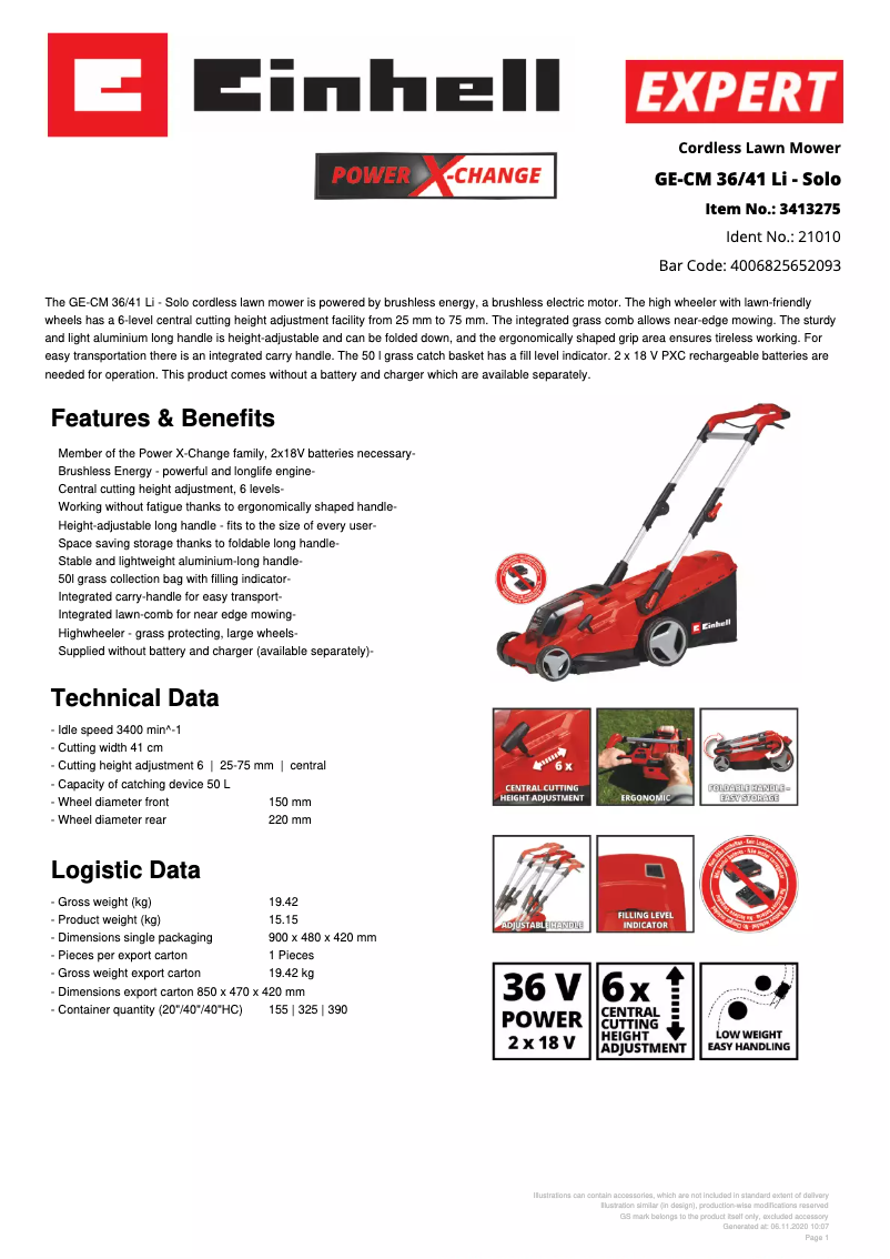 Página 1 del manual Ficha técnica Einhell GP-CM 36/41 Li