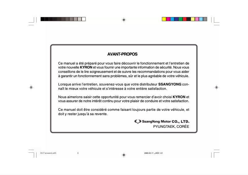 Page n°1 - Manuel utilisateur SsangYong Kyron (2006)