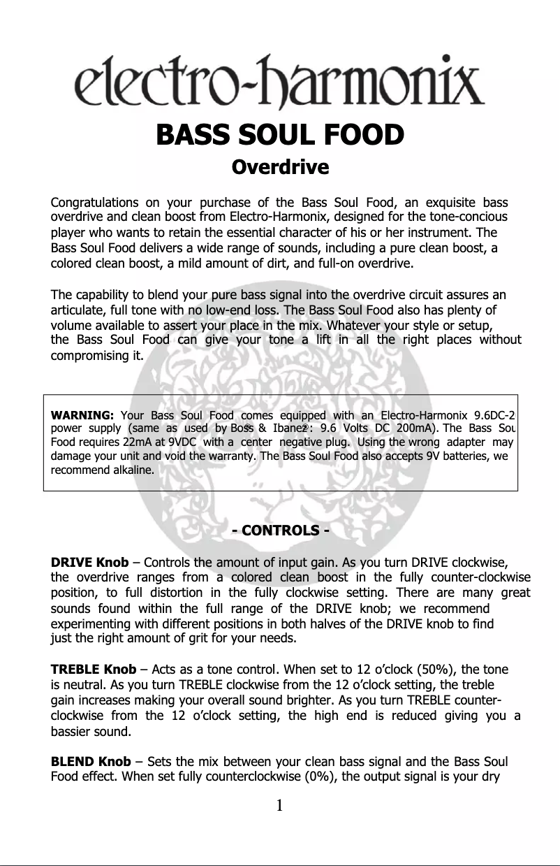 Page 1 de la notice Manuel utilisateur Electro Harmonix Bass Soul Food