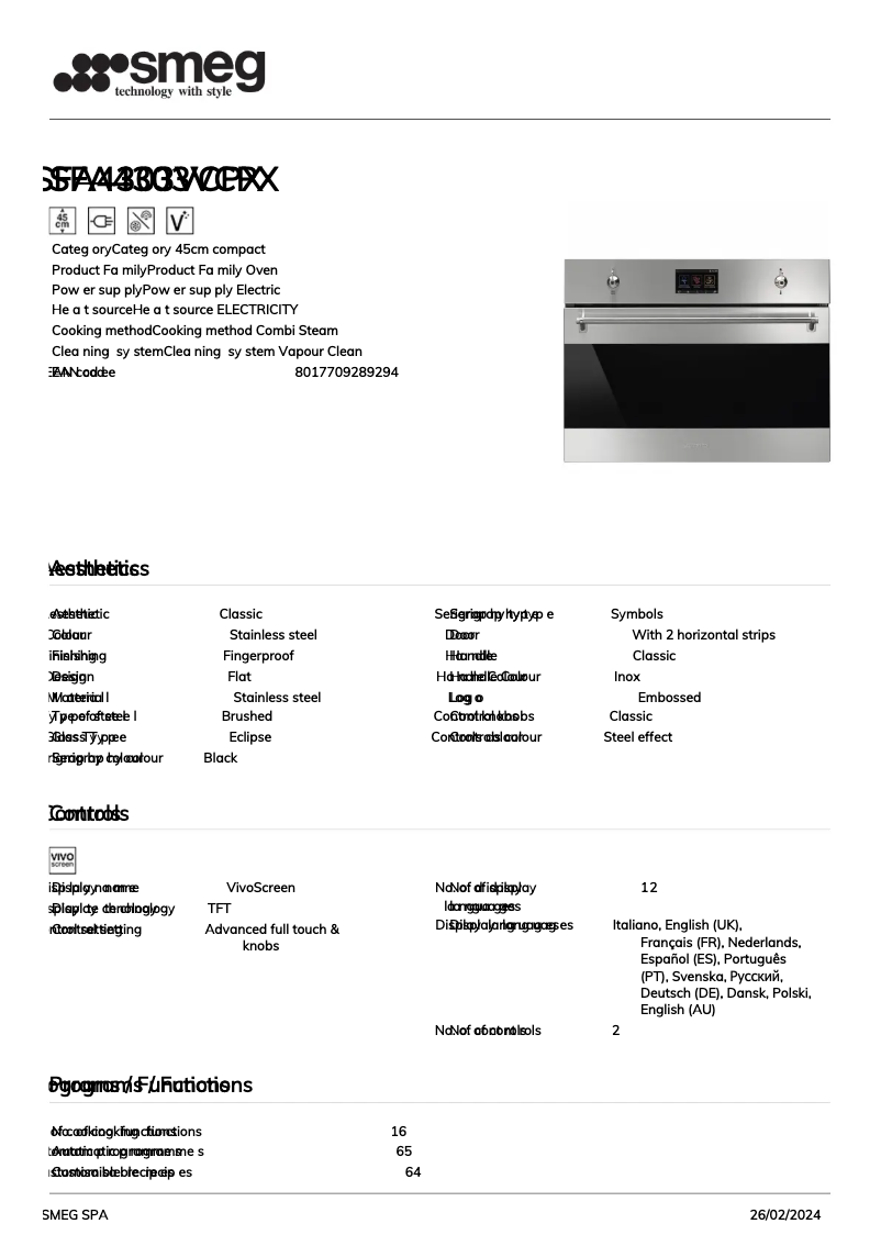 Page 1 de la notice Fiche technique Smeg SFA4303VCPX