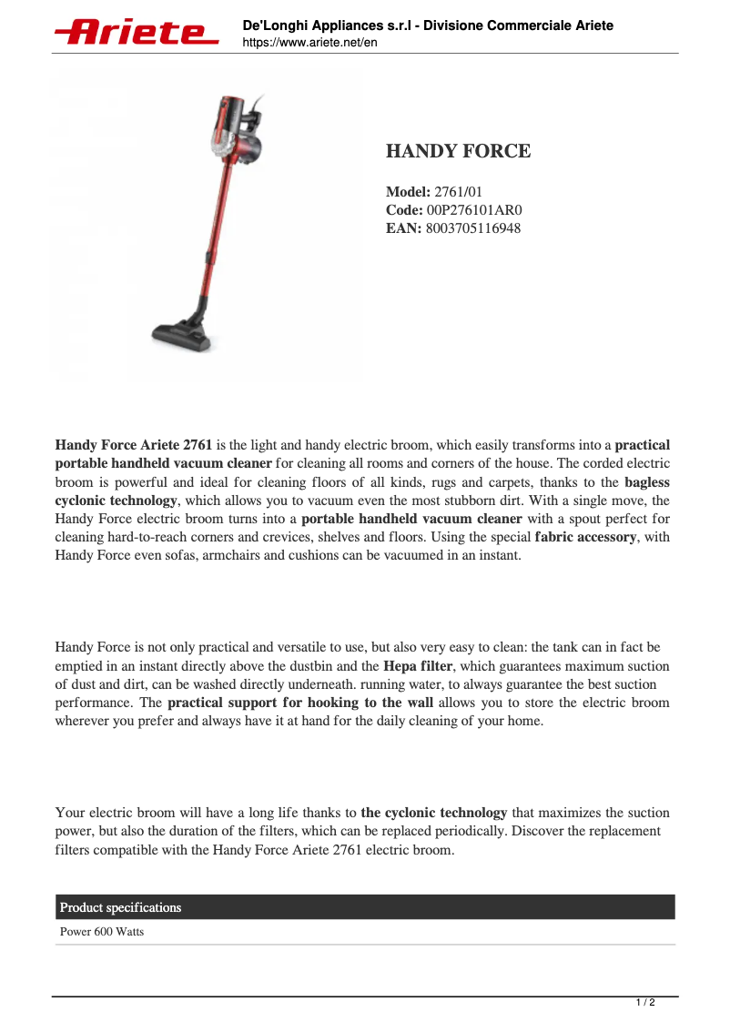 Page n°1 - Fiche technique Ariete Handy Force 2761
