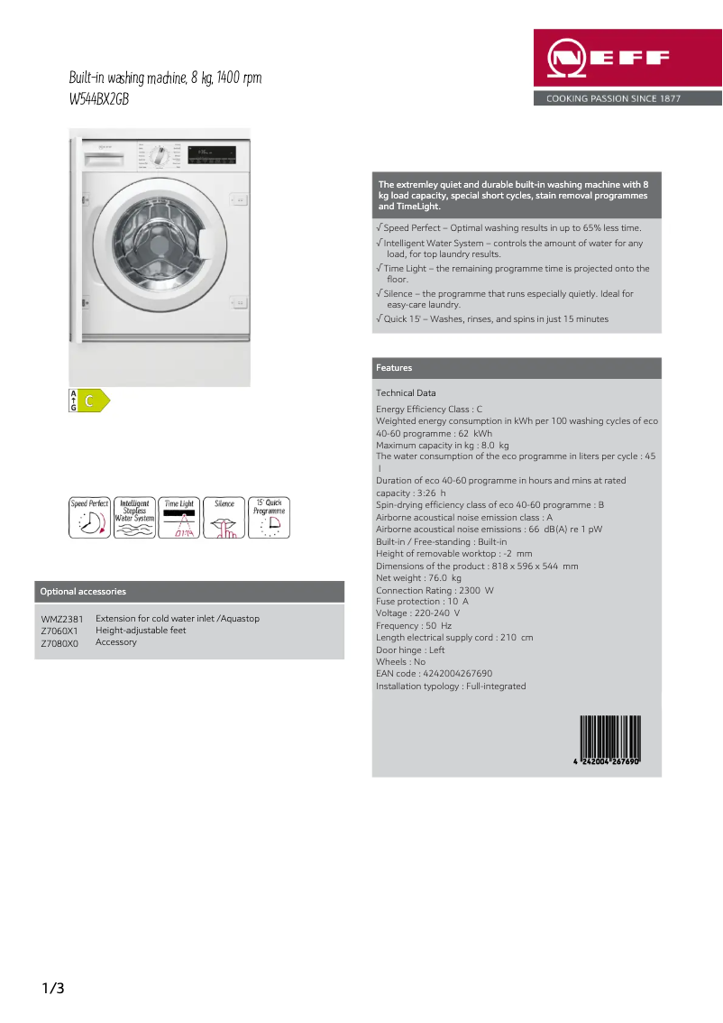 Page 1 of the manual Technical Sheet Neff W544BX2GB