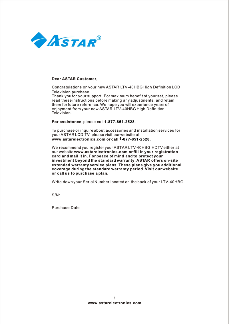 Page n°1 - Manuel utilisateur Astar LTV-40HBG