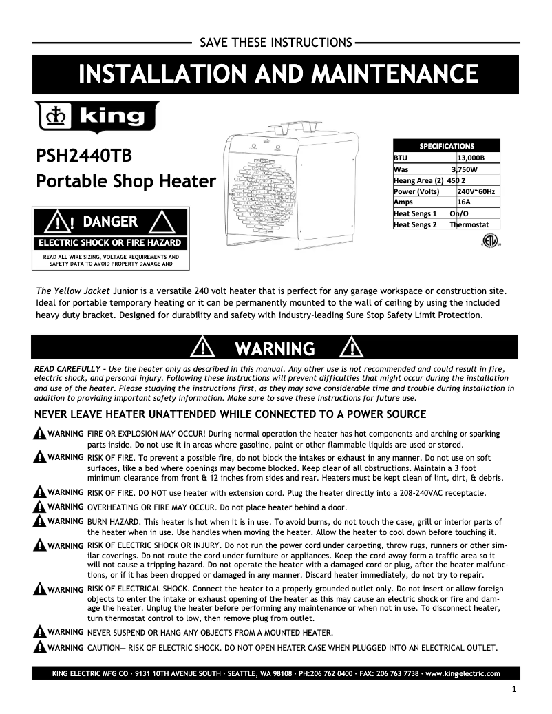 Page 1 de la notice Manuel utilisateur King PSH2440TB