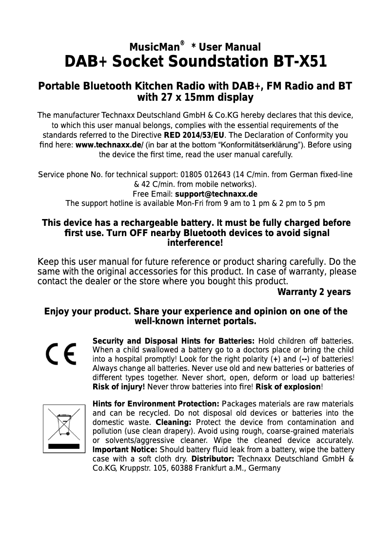 Page 1 de la notice Manuel utilisateur Technaxx BT-X51