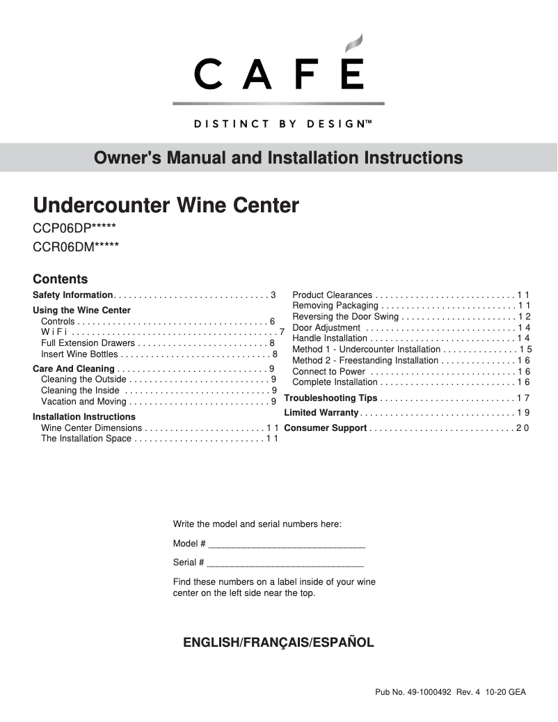 Page n°1 - Manuel d'utilisation et d'entretien GE CCP06DP4PW2