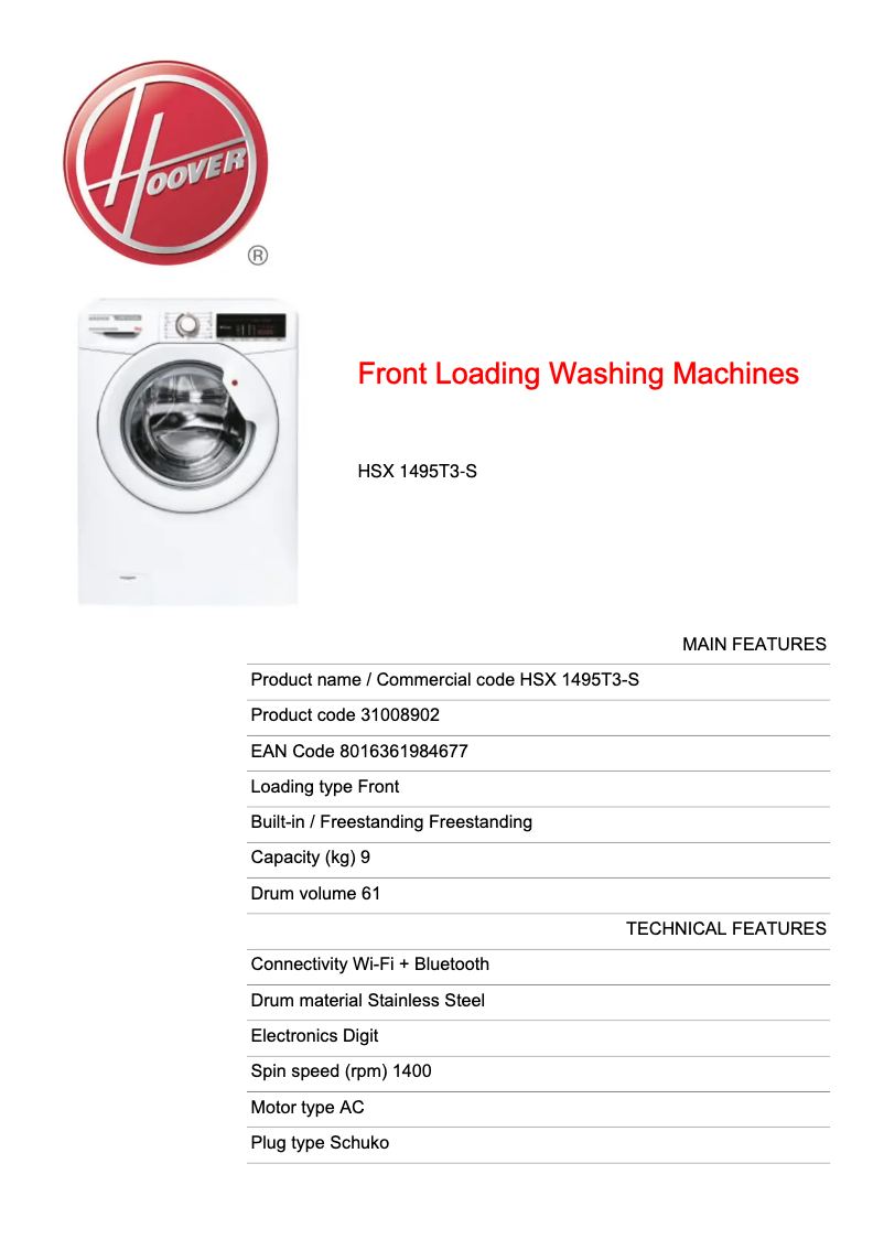 Page 1 de la notice Fiche technique Hoover HSX 1495T3-S