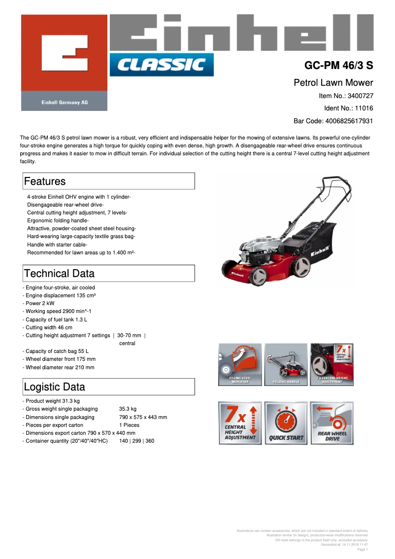 Page 1 de la notice Fiche technique Einhell GC-PM 46/3 S