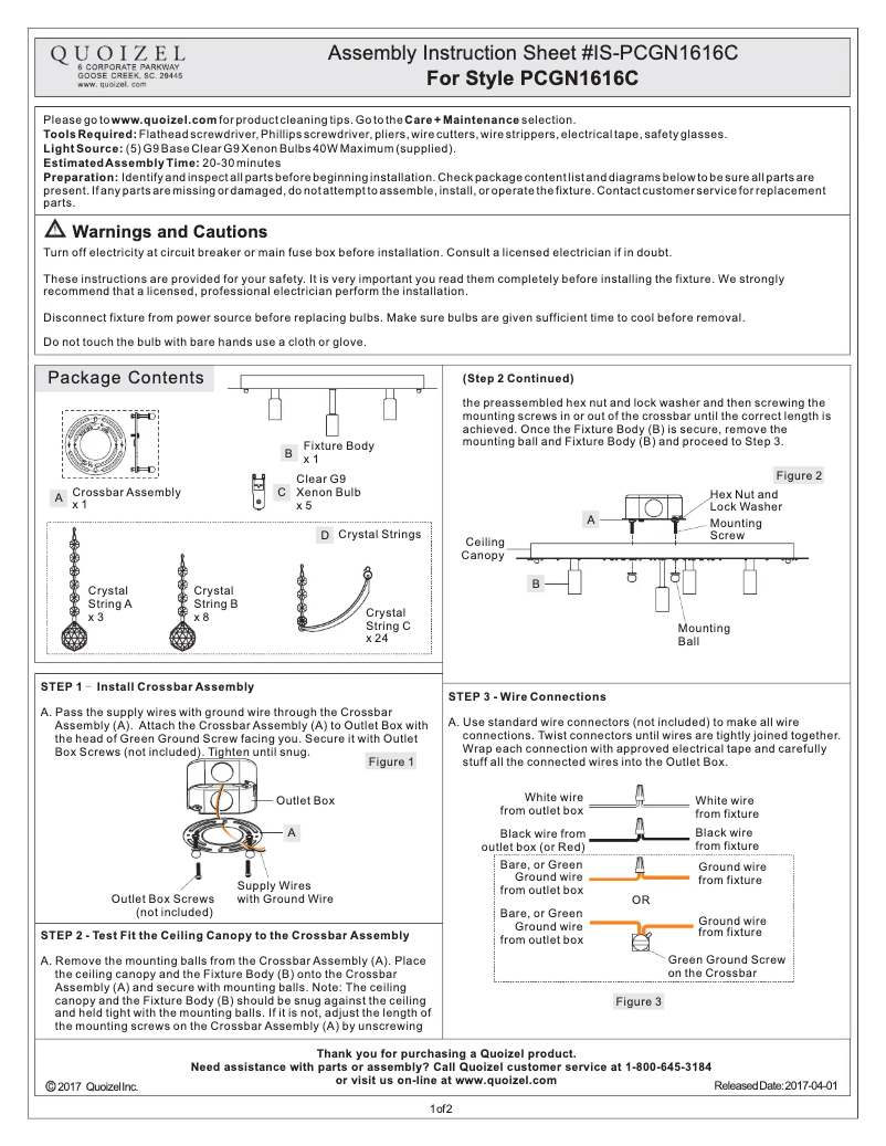 Page 1 de la notice Manuel utilisateur Quoizel PCGN1616C