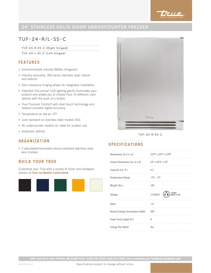 Page 1 de la notice Fiche technique True TUF-24-R-SS-C
