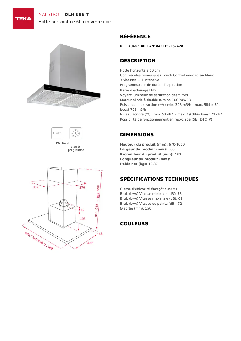 Page n°1 - Fiche technique Teka DLH 686 T