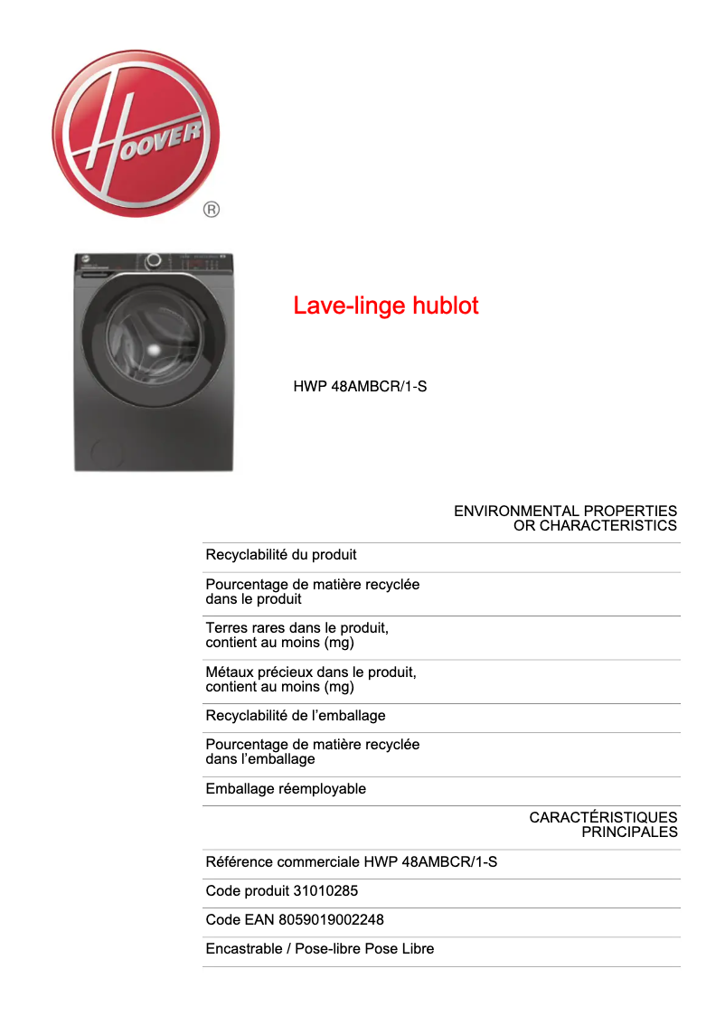 Page 1 de la notice Fiche technique Hoover H-WASH 500 HWP 48AMBCR/1-S