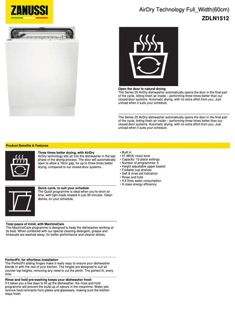 Page 1 de la notice Fiche technique Zanussi ZDLN1512