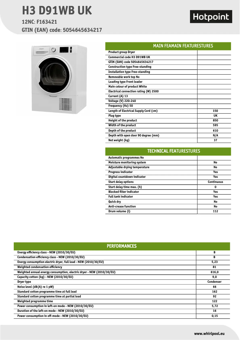 Page n°1 - Fiche technique Hotpoint H3 D91WB UK
