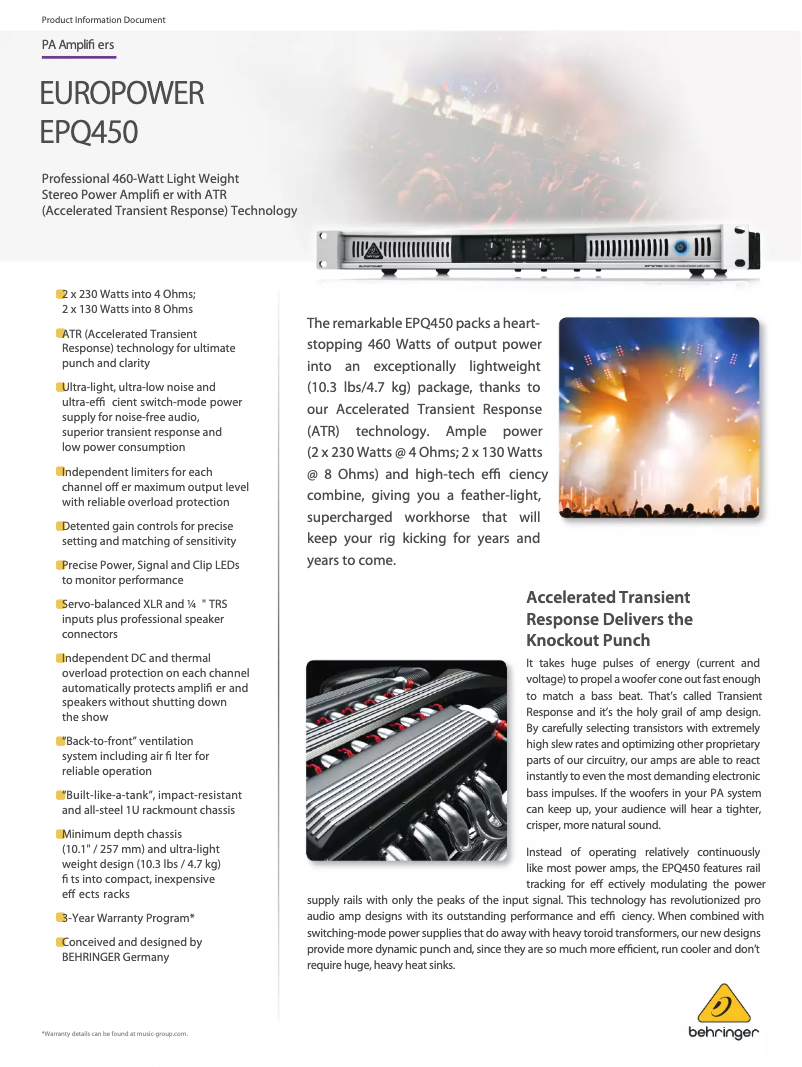 Page n°1 - Fiche technique Behringer Europower EPQ450