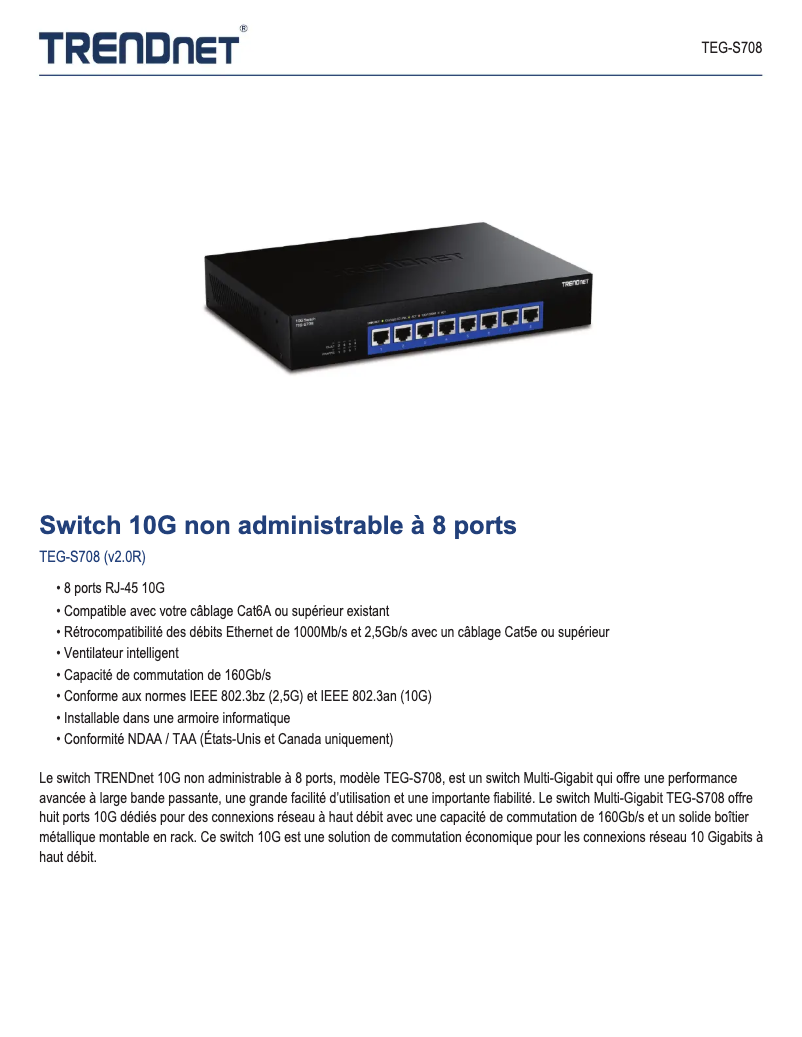Page 1 de la notice Fiche technique TRENDnet TEG-S708