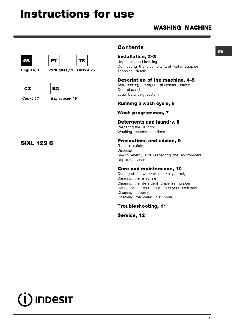 Page n°1 - Manuel utilisateur Indesit SIXL 129