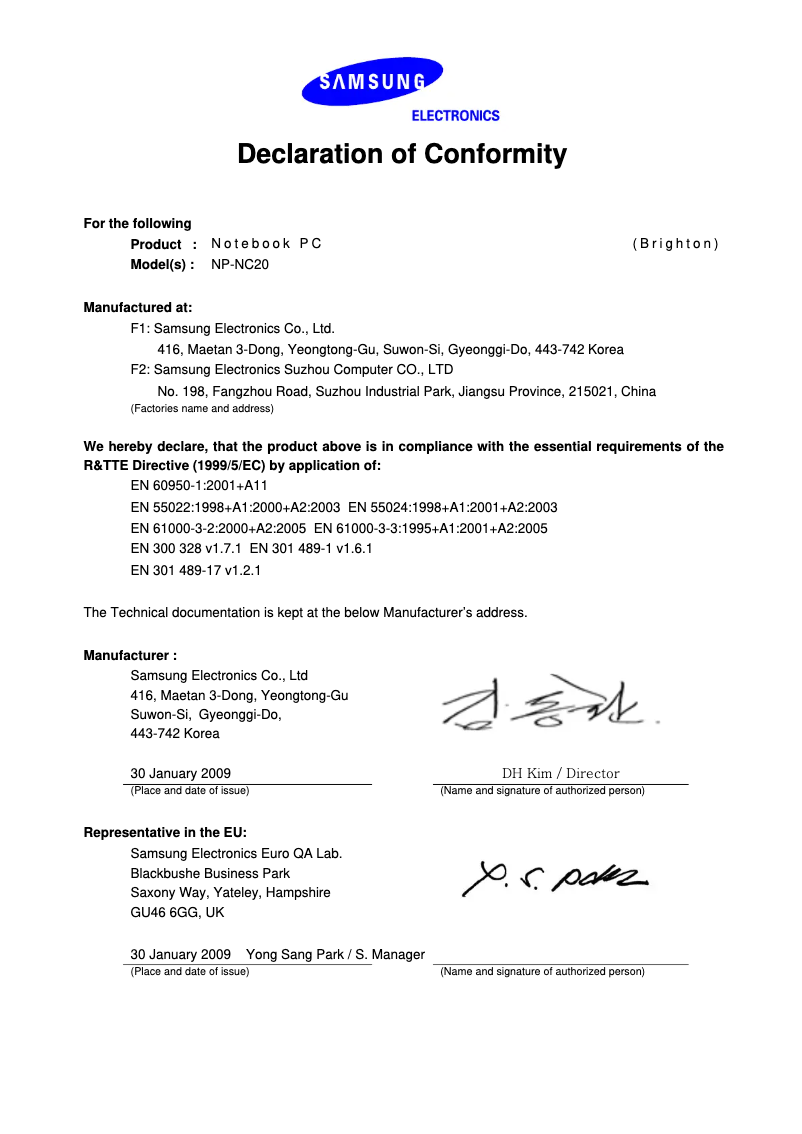 Page 1 de la notice Manuel utilisateur Samsung NC20