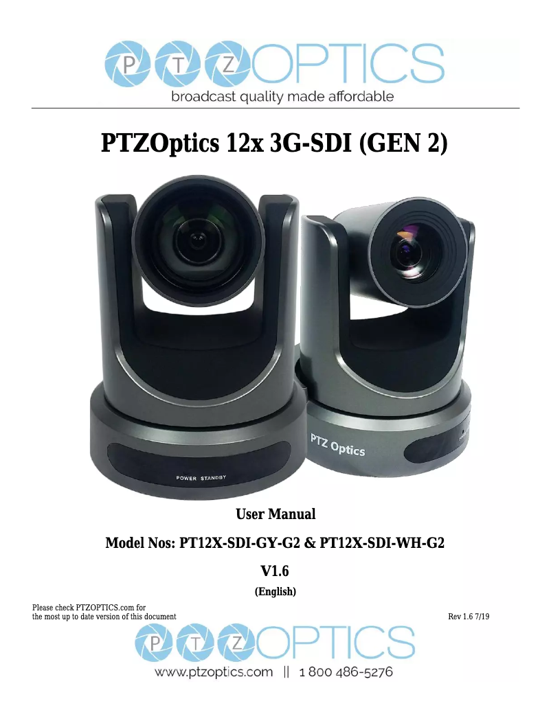 Page 1 de la notice Manuel utilisateur PTZ Optics 12x-SDI Gen2