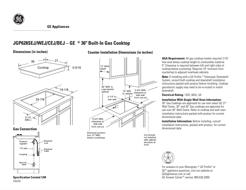 Page 1 of the manual Technical Sheet GE JGP628SEJSS