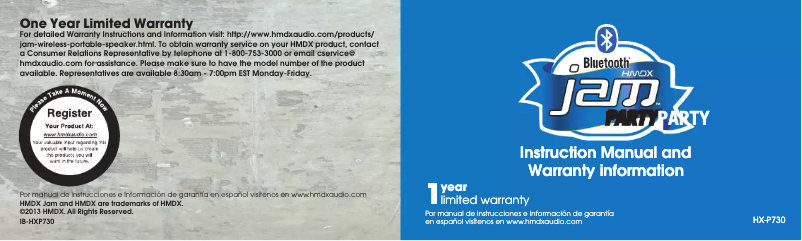 Page n°1 - Manuel utilisateur HMDX Jam Party HX-P730