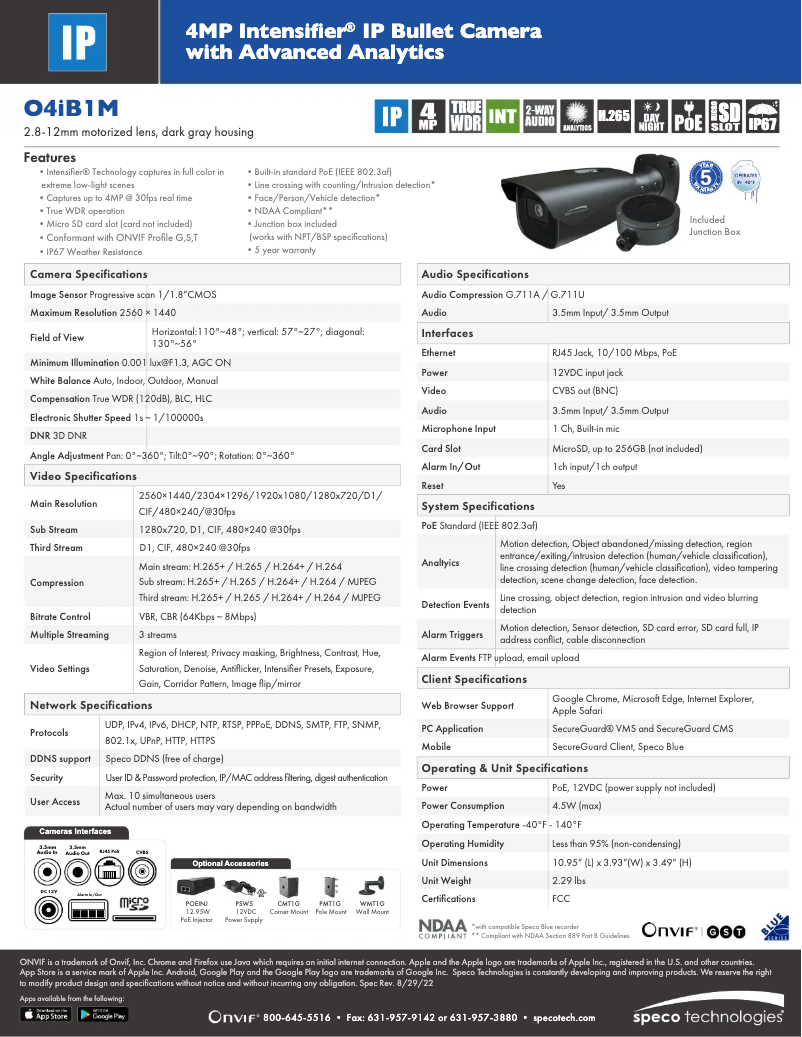 Page 1 de la notice Fiche technique Speco Technologies O4iB1M