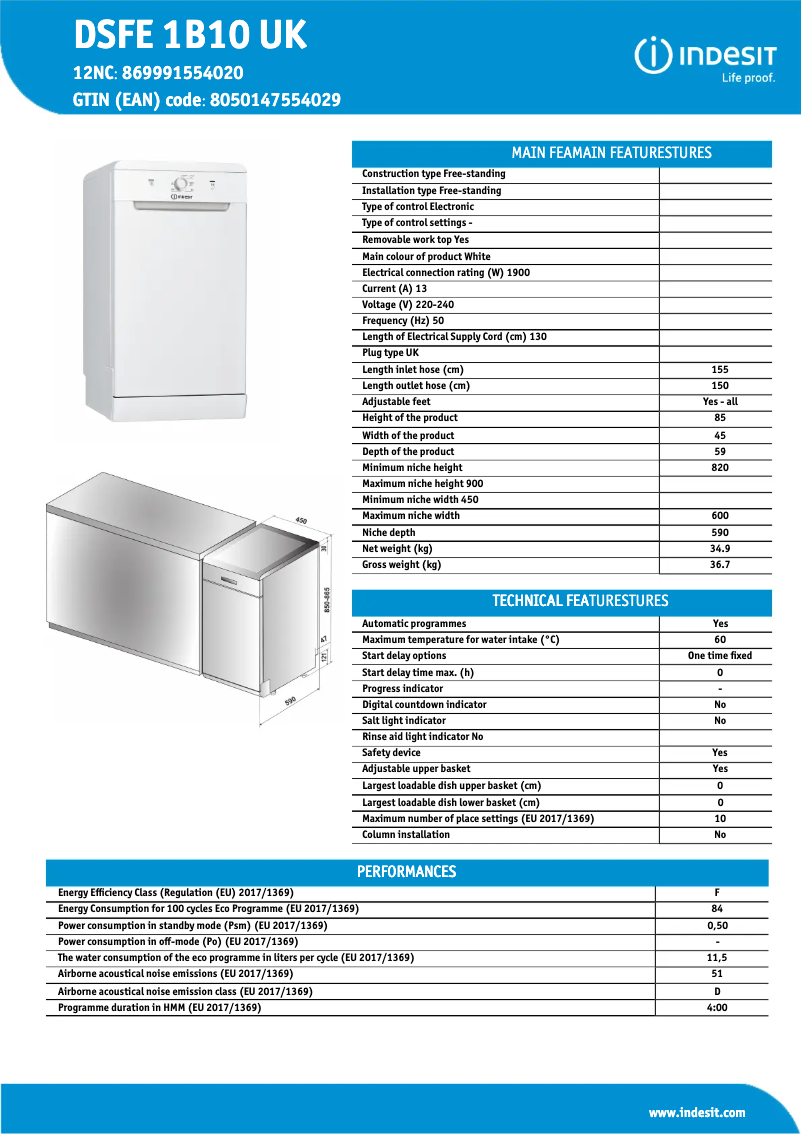Page 1 de la notice Fiche technique Indesit DSFE 1B10 UK