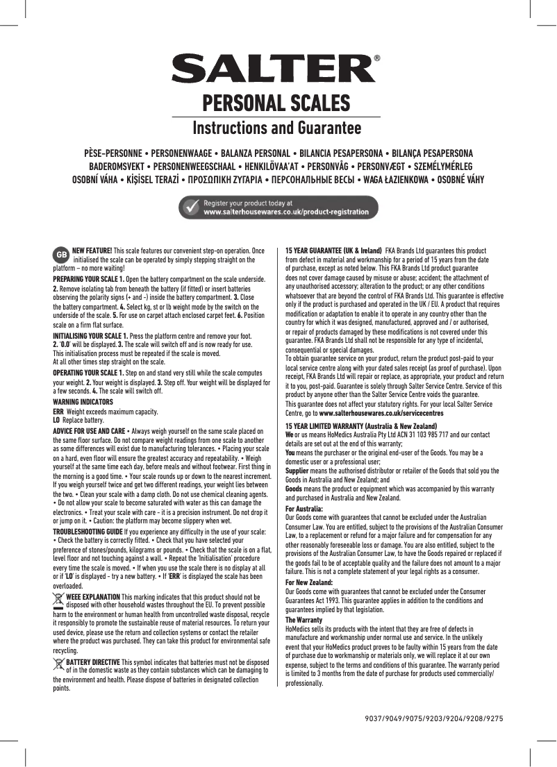 Page 1 de la notice Manuel utilisateur Salter 9212 CT3R Cactus