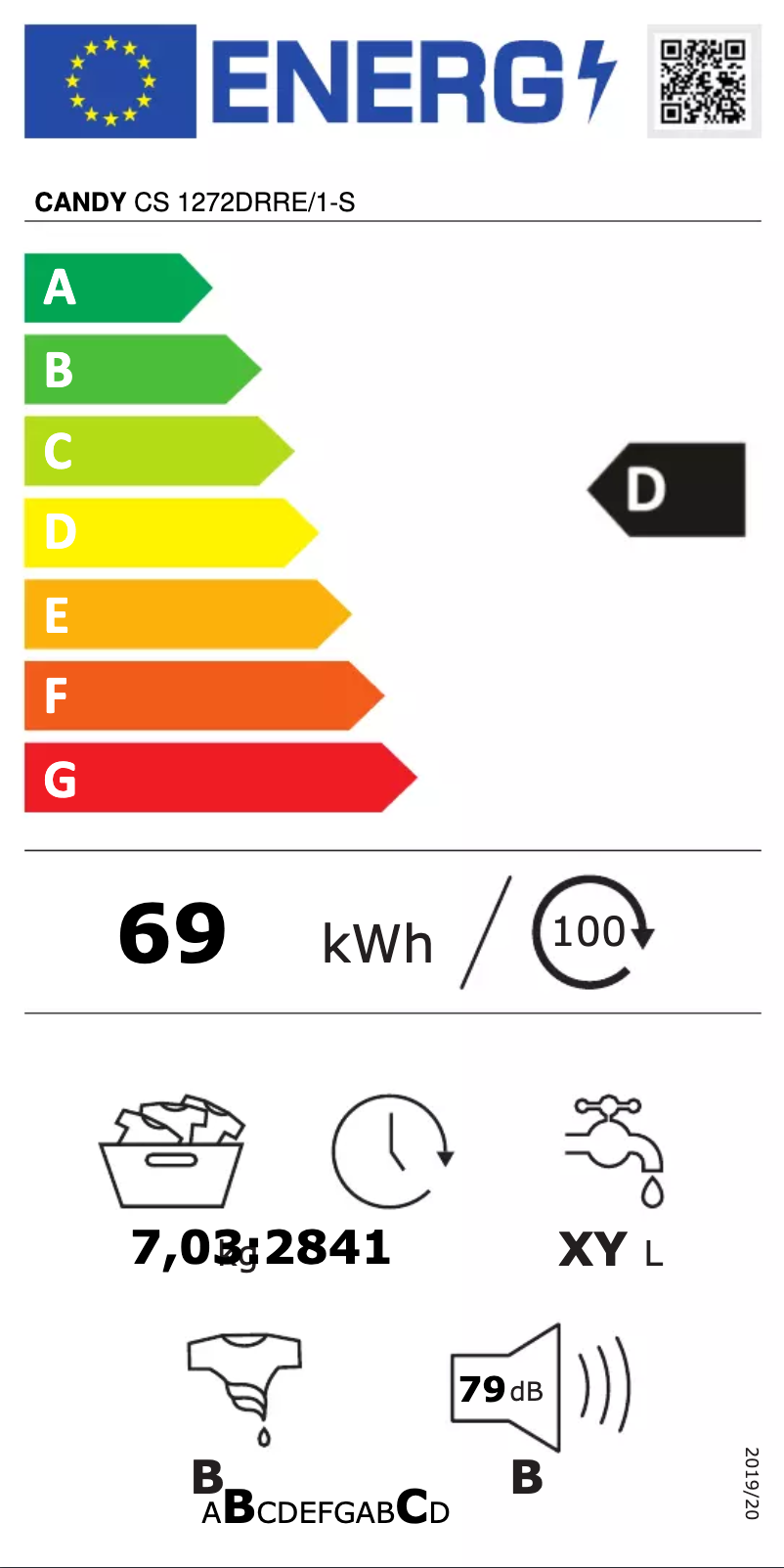 Page 1 de la notice Label énergétique Candy CS 1272DRRE/1-S
