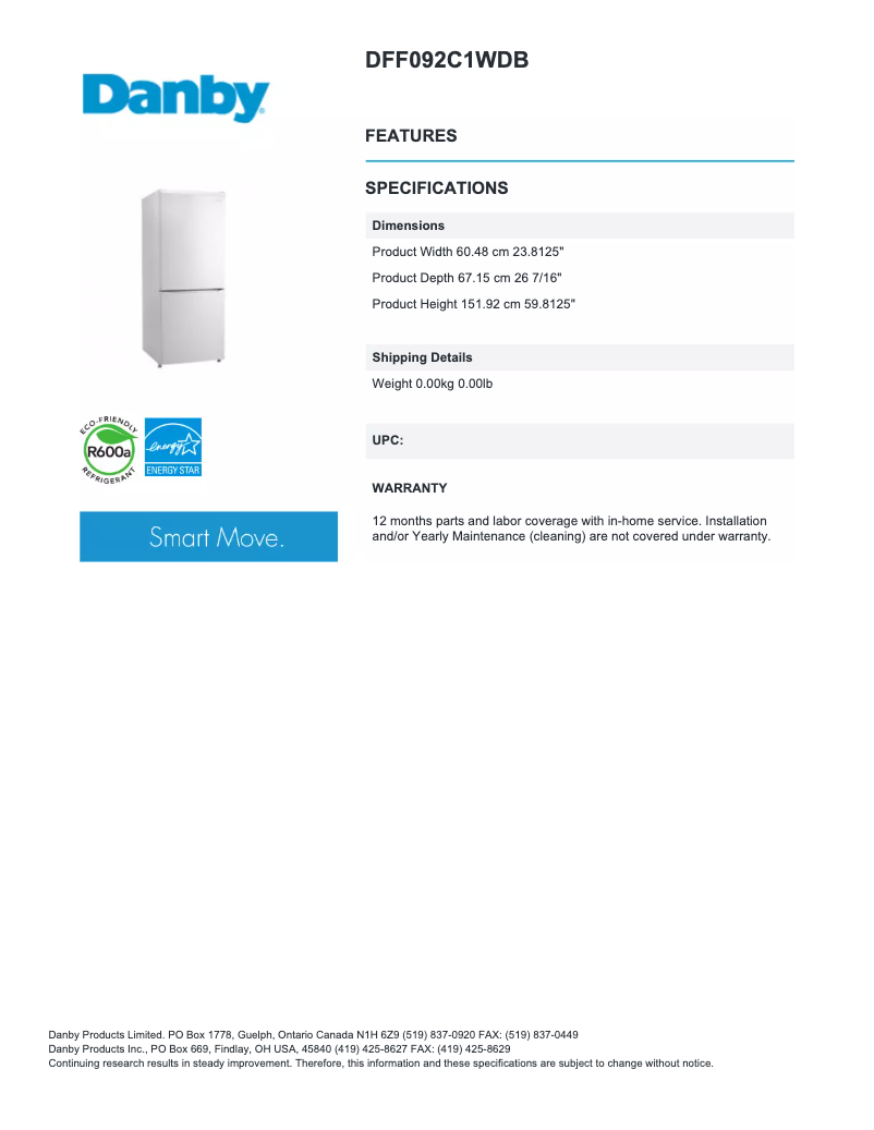 Página 1 del manual Ficha técnica Danby DFF092C1