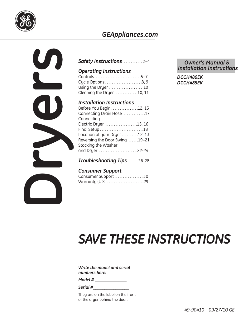 Page 1 de la notice Manuel utilisateur GE DCCH480EKWW