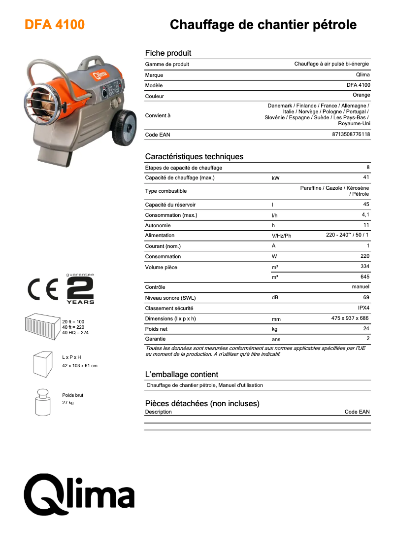 Page 1 of the manual Technical Sheet Qlima DFA 4100 Premium