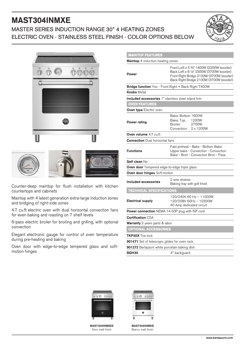 Page 1 de la notice Fiche technique Bertazzoni MAST304INMNEE