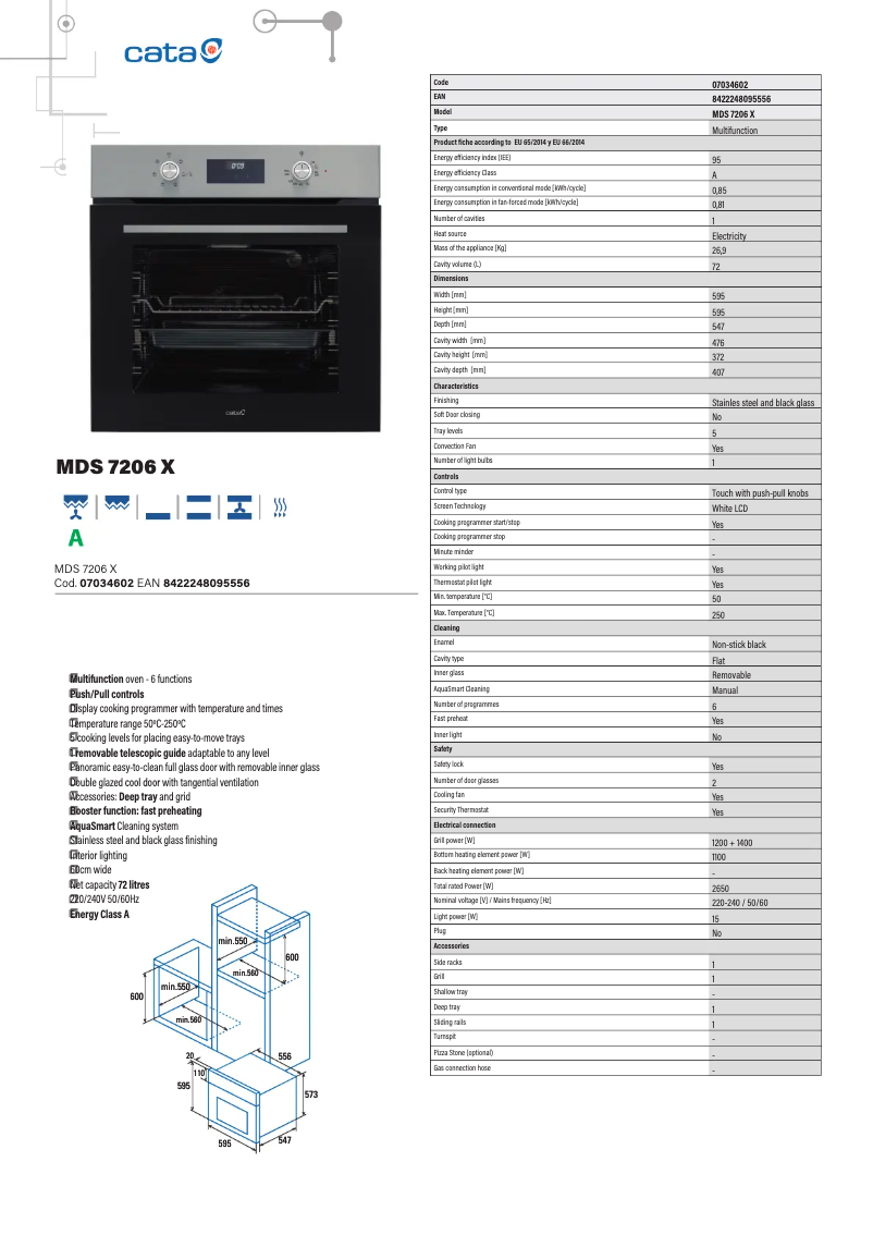 Page 1 de la notice Fiche technique CATA MDS 7206 X