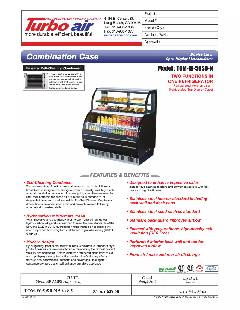 Página 1 del manual Ficha técnica Turbo air TOM-W-50SB