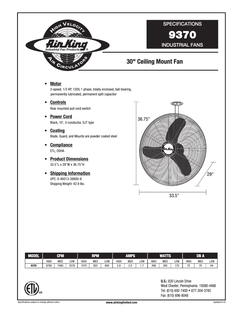 Page 1 de la notice Fiche technique Air King 9370