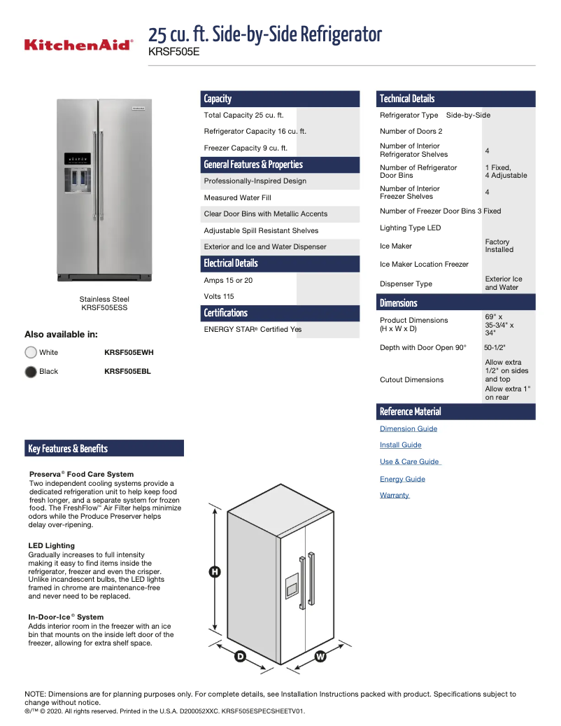 Page 1 de la notice Fiche technique KitchenAid KRSF505EWH