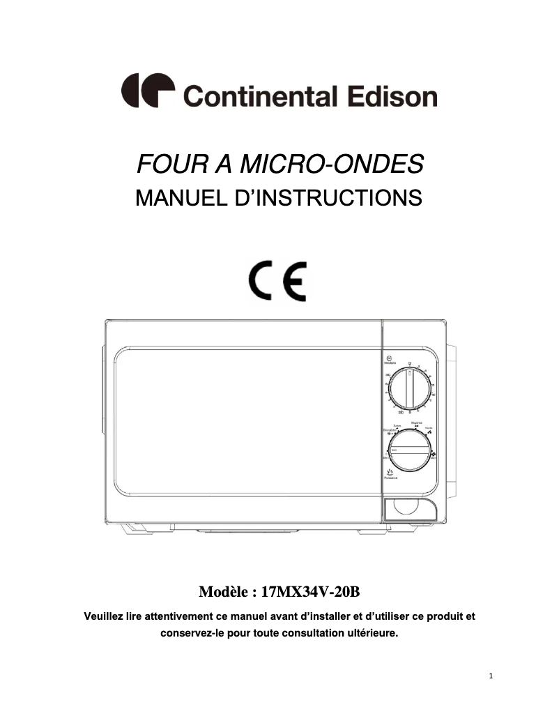 Page 1 de la notice Manuel utilisateur Continental Edison 17MX34V-20B