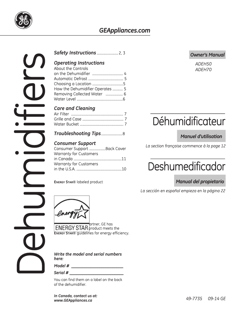 Page 1 de la notice Manuel utilisateur GE ADEH50LQ