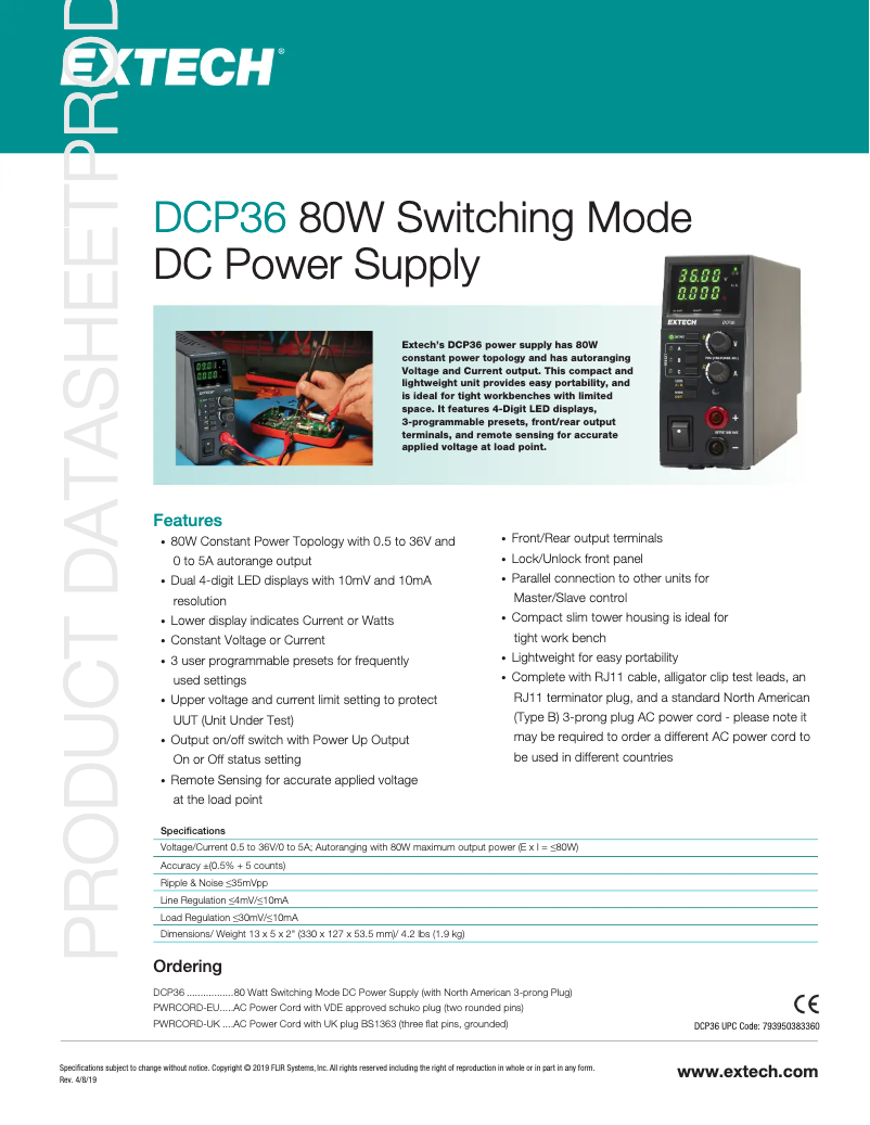 Page 1 de la notice Fiche technique Extech DCP36