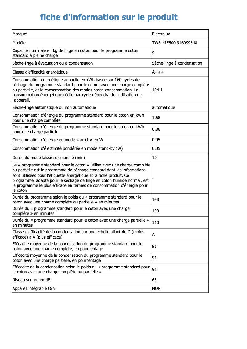 Page 1 de la notice Fiche technique Electrolux TWSL4IE500
