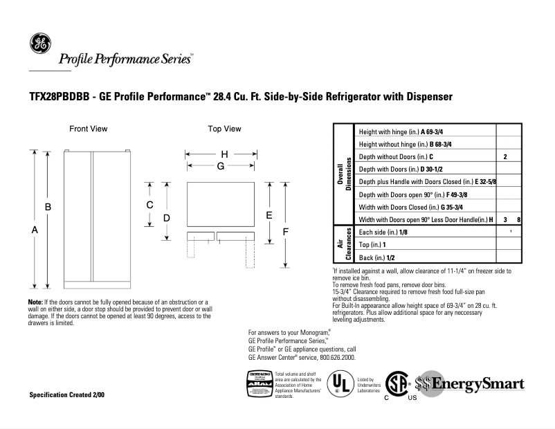 Página 1 del manual Ficha técnica GE Profile Performance TFX28PBDBB